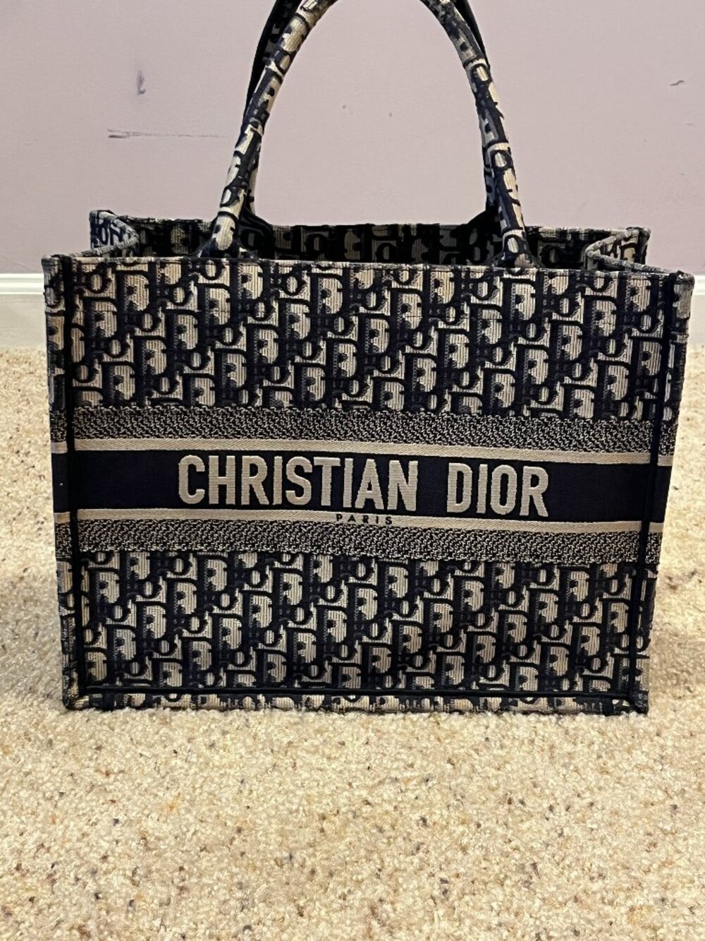 EUC Dior Medium Dior Book Tote Ecru and Blue Dior Oblique Embroidery